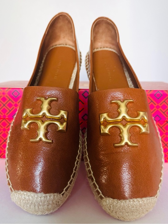 Tory Burch Shoes - Tory Burch Eleanor Leather Espadrilles Flats Brown Bourbon Gold Logo Size 6.5